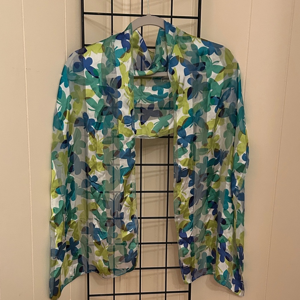 Sheer Scarf in Blue and Green butterflies on white background.